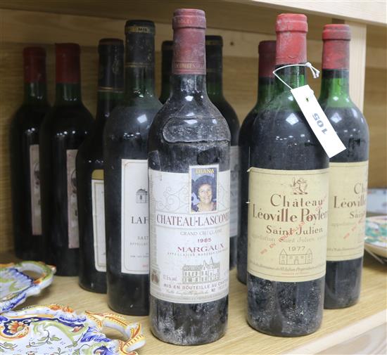 Two bottles of red Chateau Leouille Poytevne, St Julien 1977 and bottle of Chateau Lascombes, Marganx 1985 and eight other mixed red wi